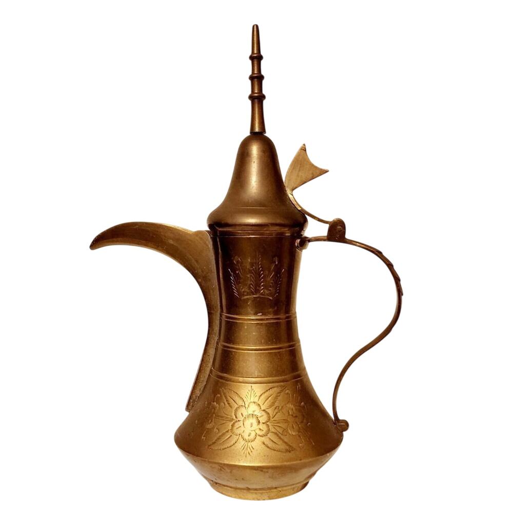 Vintage Solid Brass Dallah 13.5" Tea/Coffee Pot‎ Pitcher w/ Handle & Hinged Lid